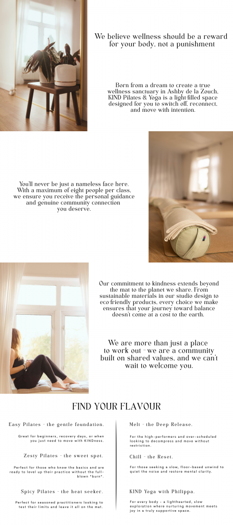 Images of pilates and yoga studio in Ashby de la Zouch with a description of business values